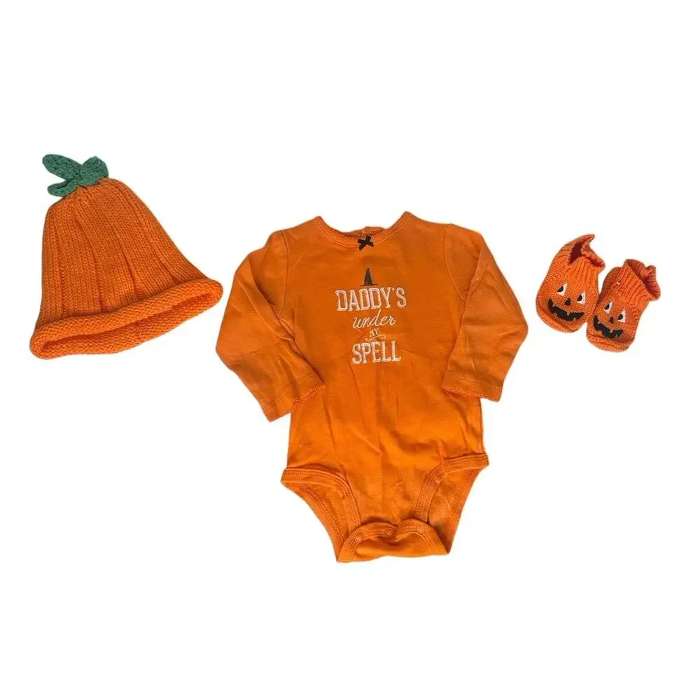 Carters Girls Daddy Under My Spell Halloween Bodysuit Pumpkin‎ Hat Booties 3-6M